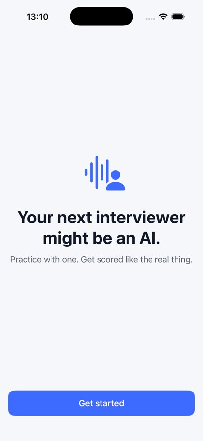 Rehearse onboarding screen reading 'Your next interviewer might be an AI. Practice with one. Get scored like the real thing.'